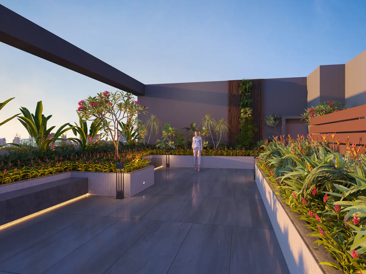 Leisure terrace with planters and seating at Sun Garnet