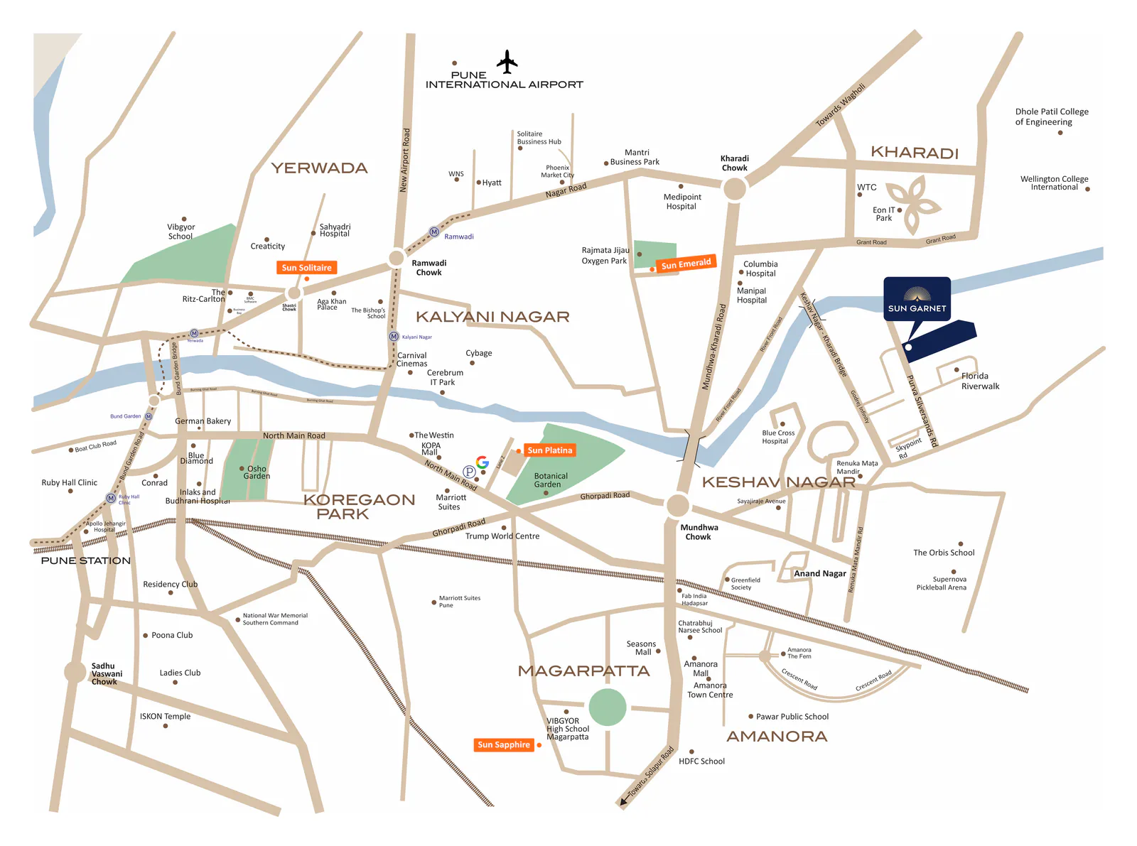 Sun Garnet location map: Keshav Nagar, Mundhwa, Pune, near Magarpatta, Amanora and Kharadi