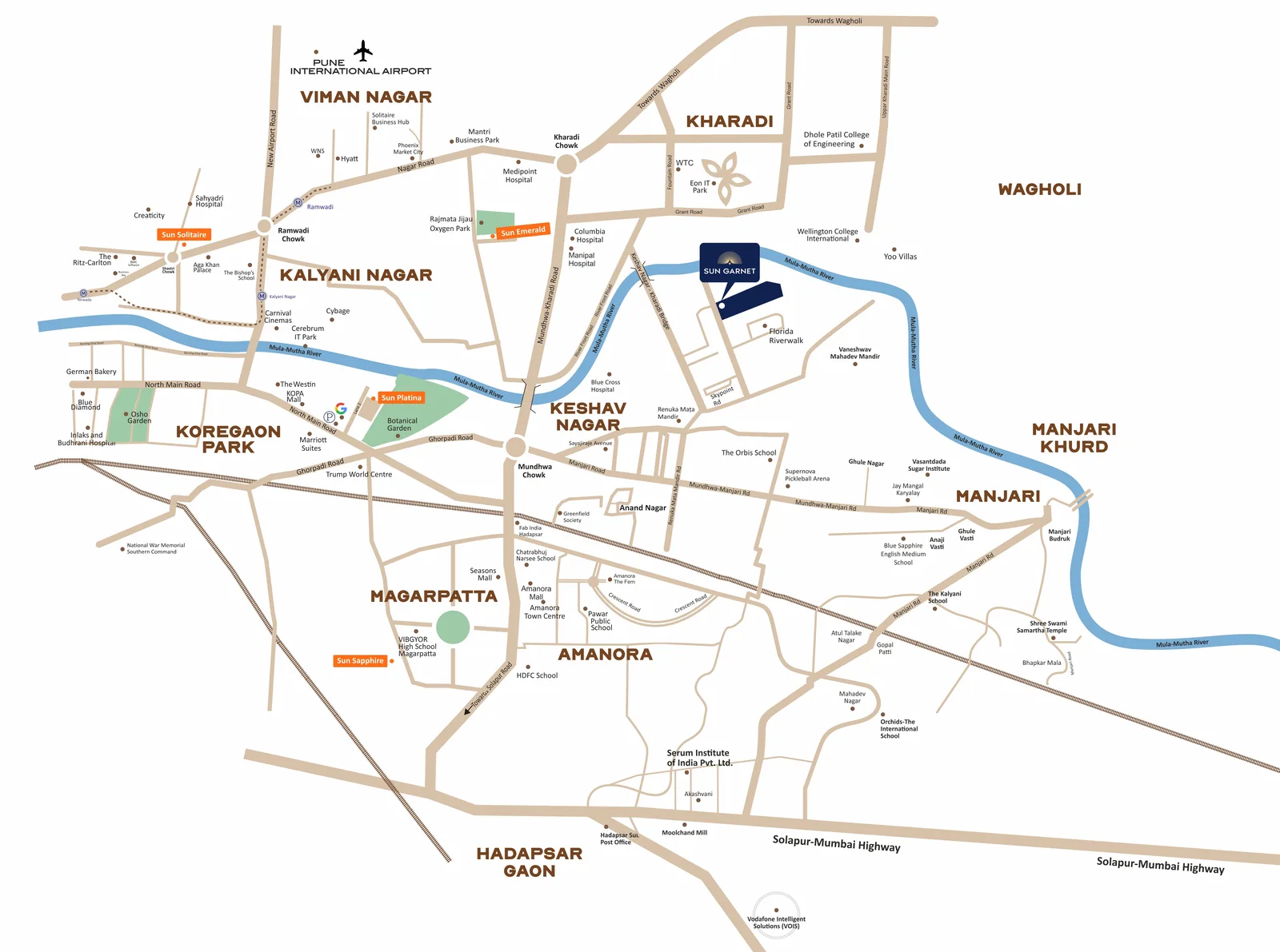 Sun Garnet location map: Keshav Nagar, Mundhwa, Pune, near Magarpatta, Amanora and Kharadi
