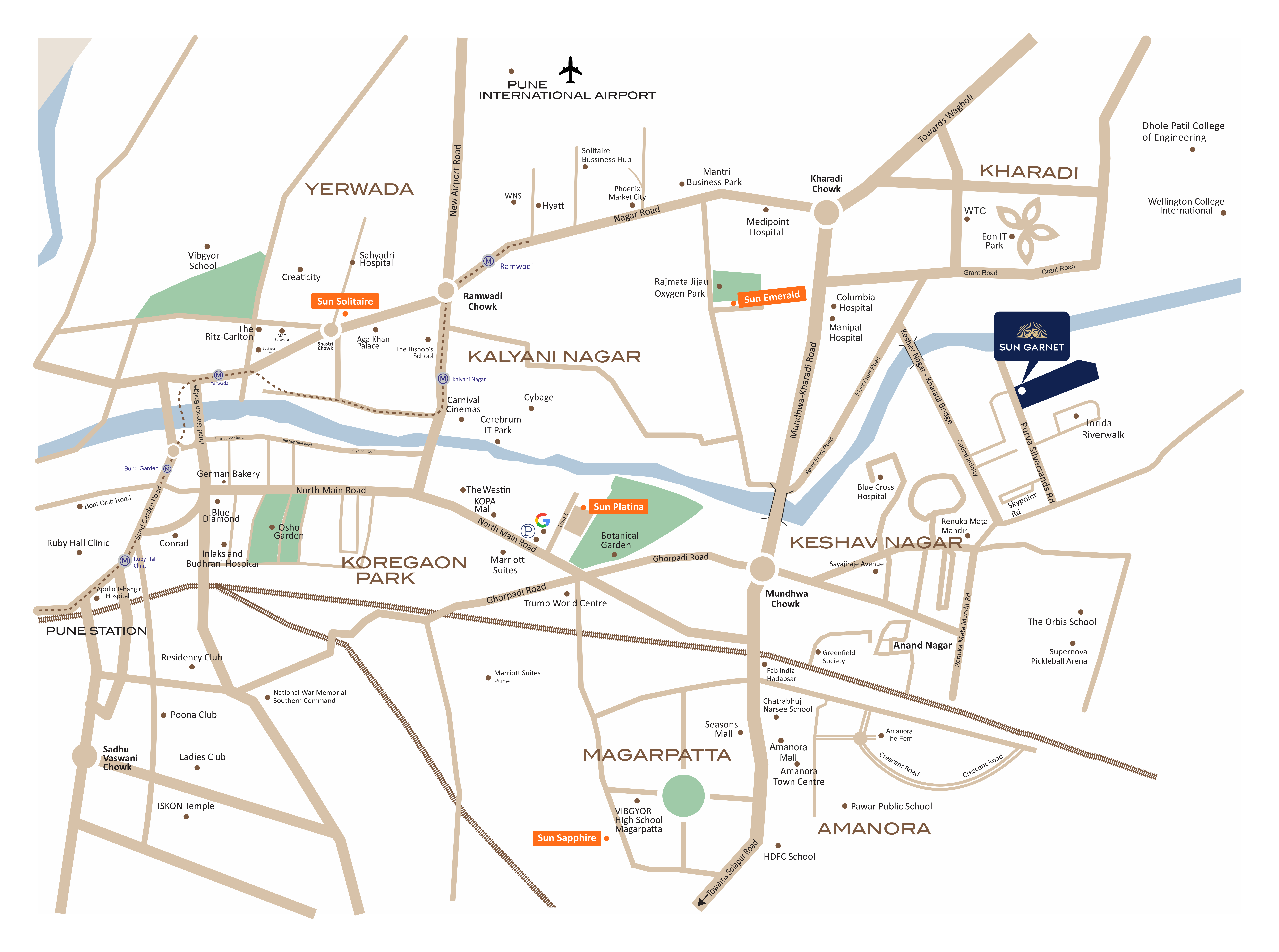 Sun Garnet location map — Keshav Nagar, Mundhwa, Pune, near Magarpatta and Amanora