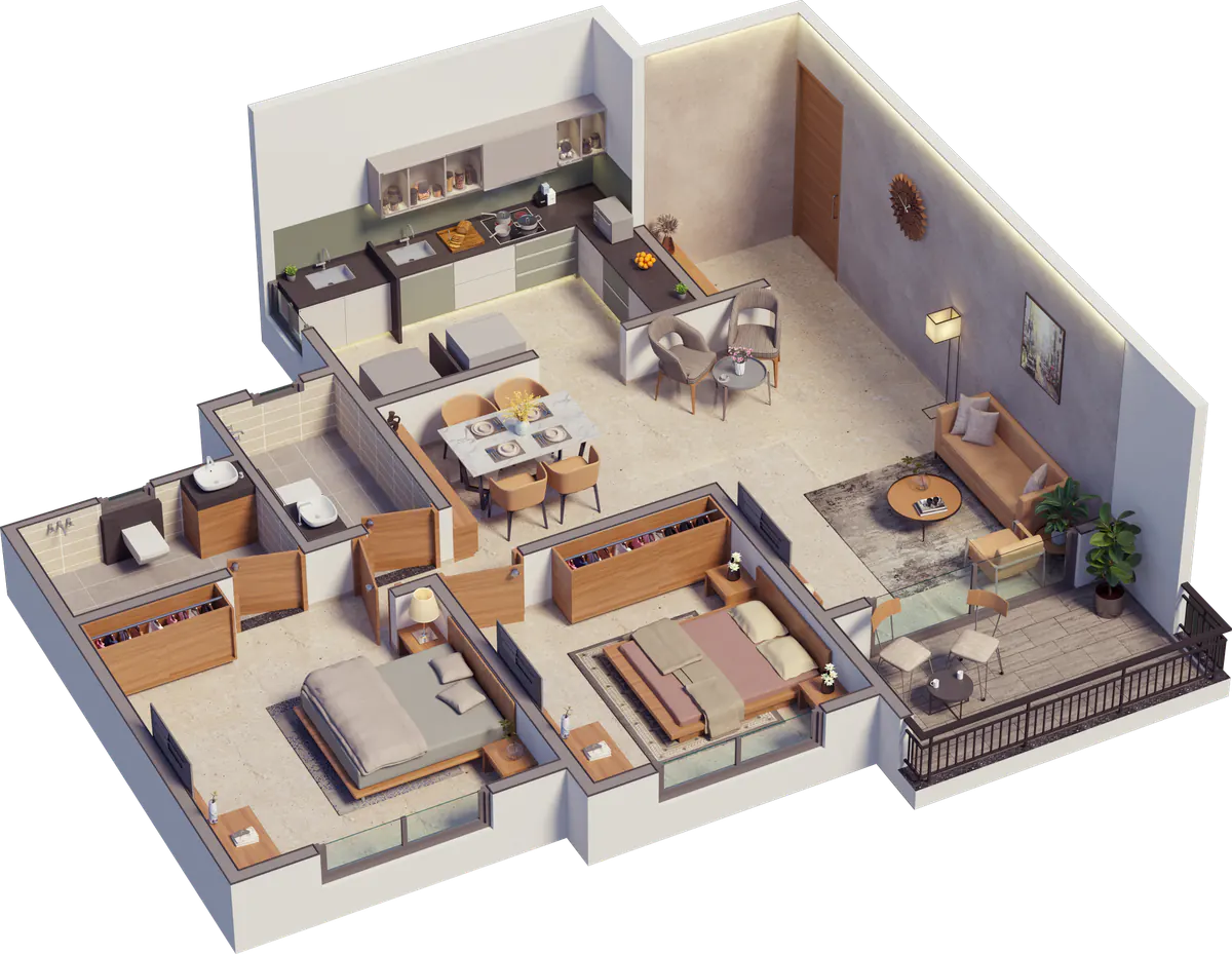 Cutaway plan of the 2 BHK home showing the living room, kitchen and two bedrooms