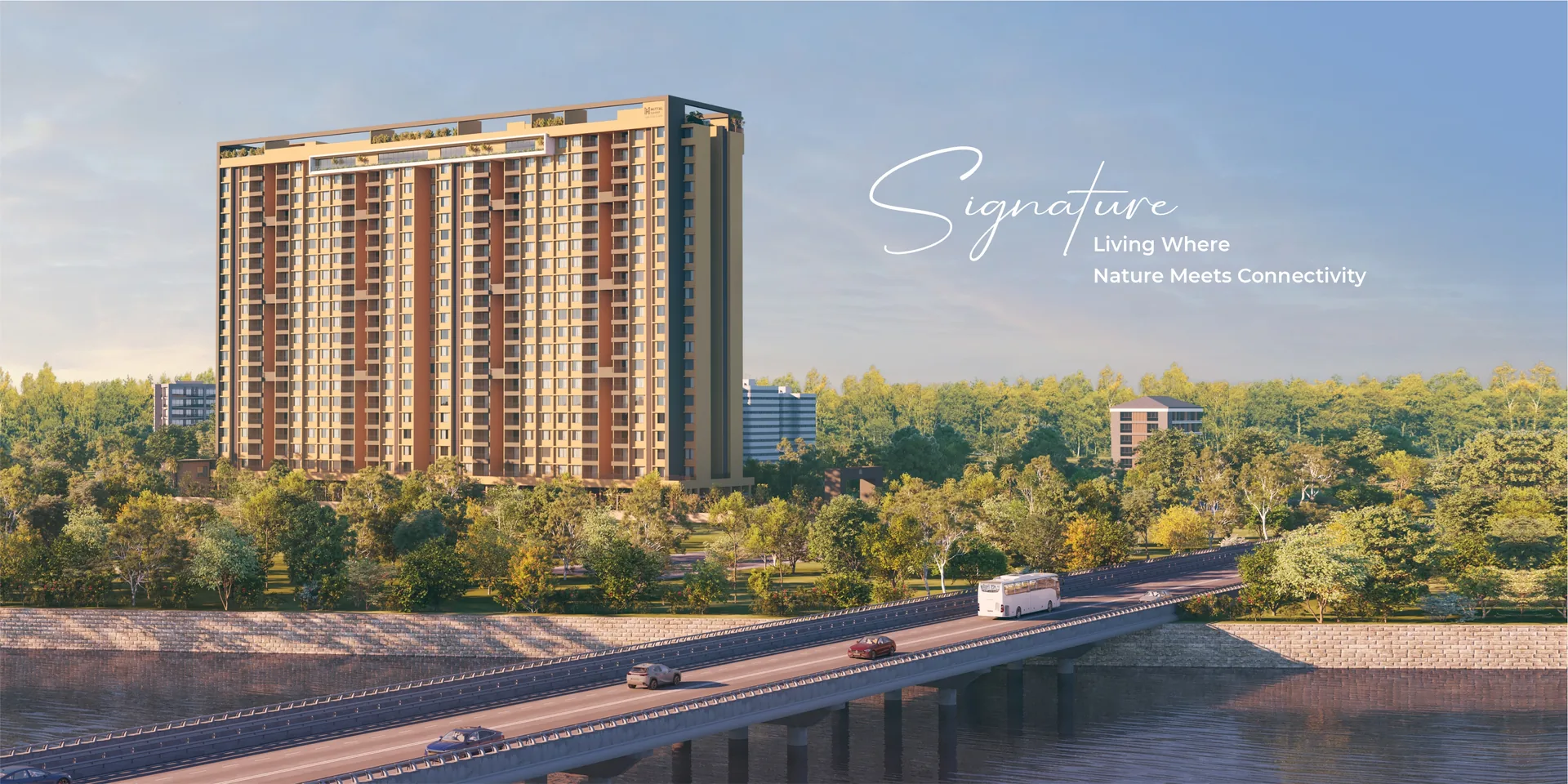 Sun Garnet tower rising above greenery beside the Keshav Nagar bridge, with the words Signature: Living Where Nature Meets Connectivity