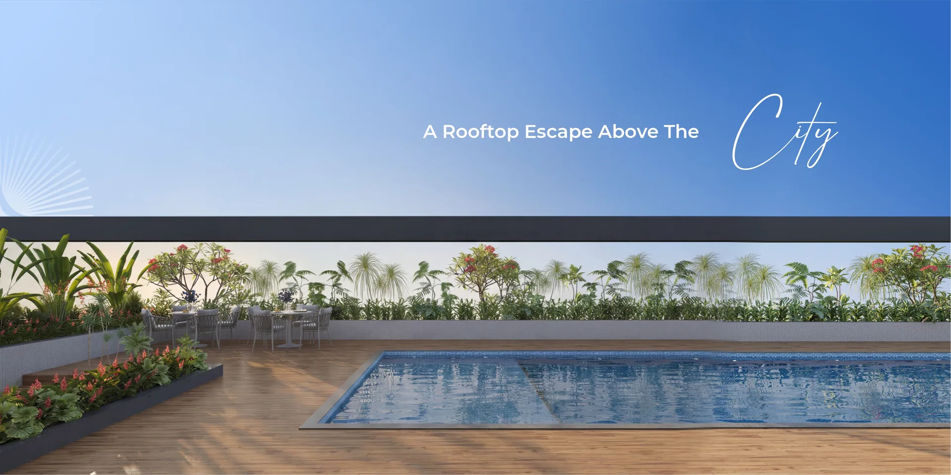 The rooftop swimming pool and timber deck at Sun Garnet under a blue sky, with the words A Rooftop Escape Above The City