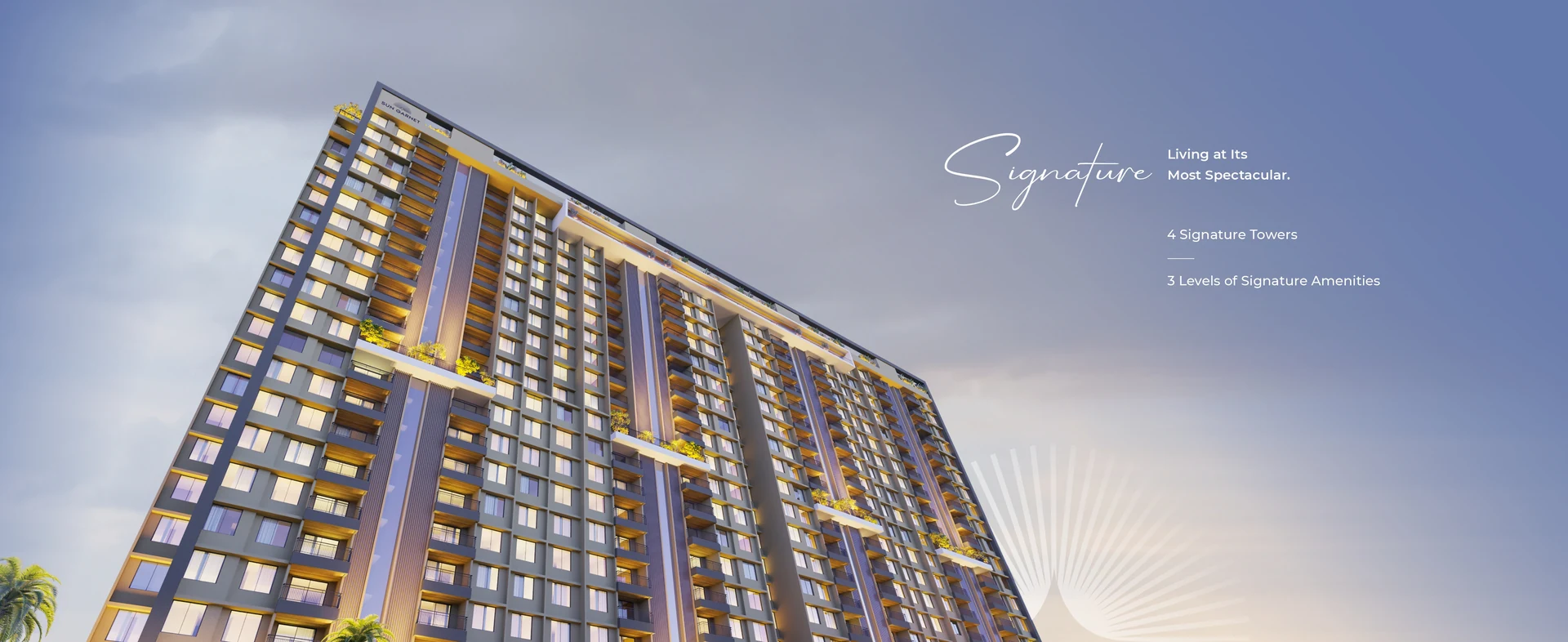 Sun Garnet elevation with four signature towers and three levels of signature amenities in Keshav Nagar, Pune